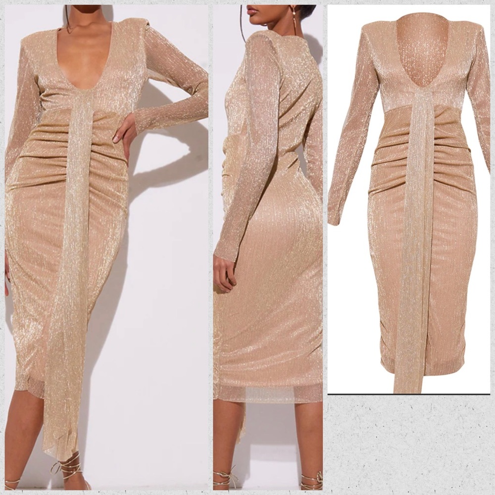 Gold Glitter Plunge Draped Midi Dress